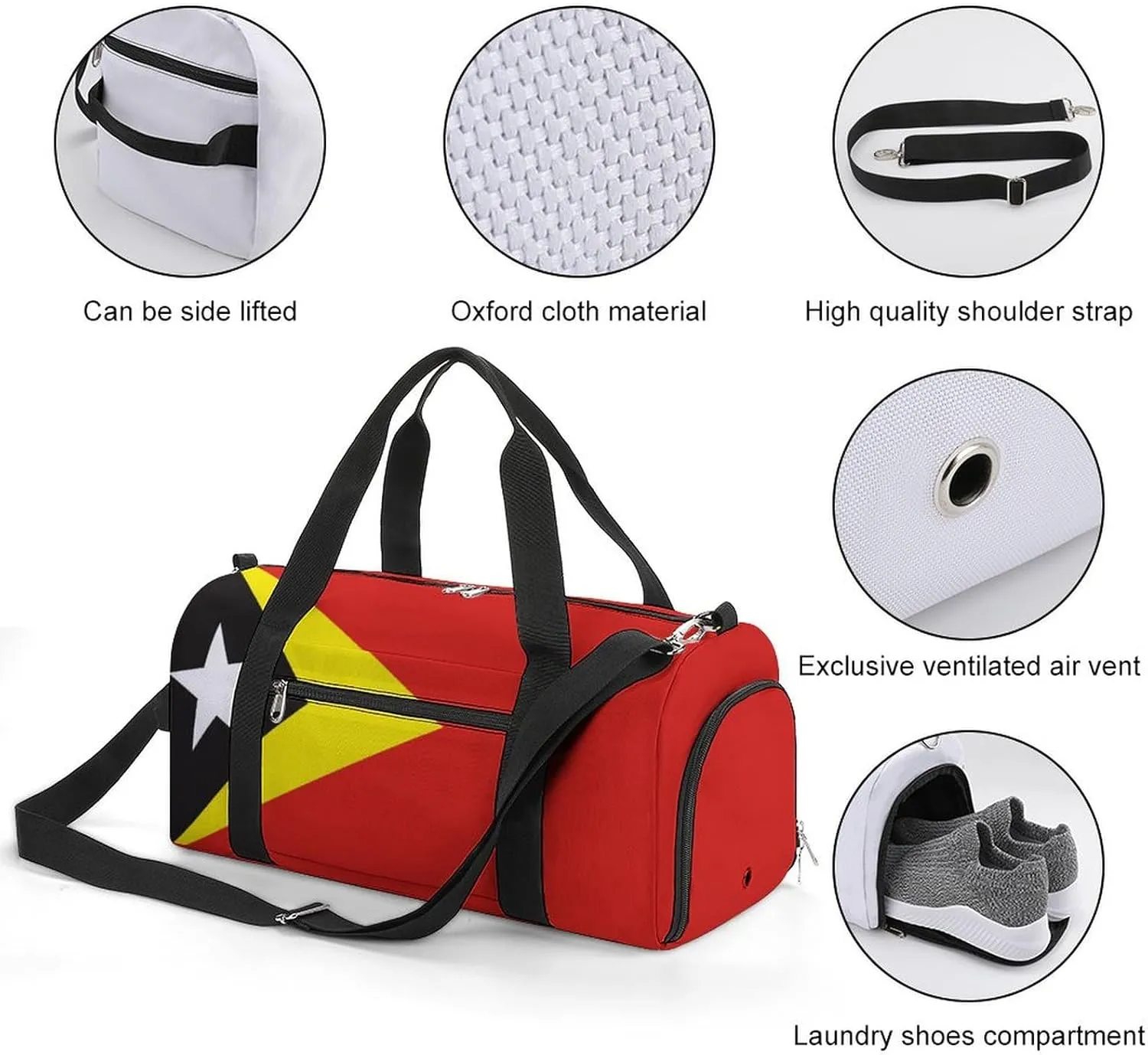 East Timor Flag Gym Bag with Shoe Compartment and Wet Pocket Travel Duffel for Sports