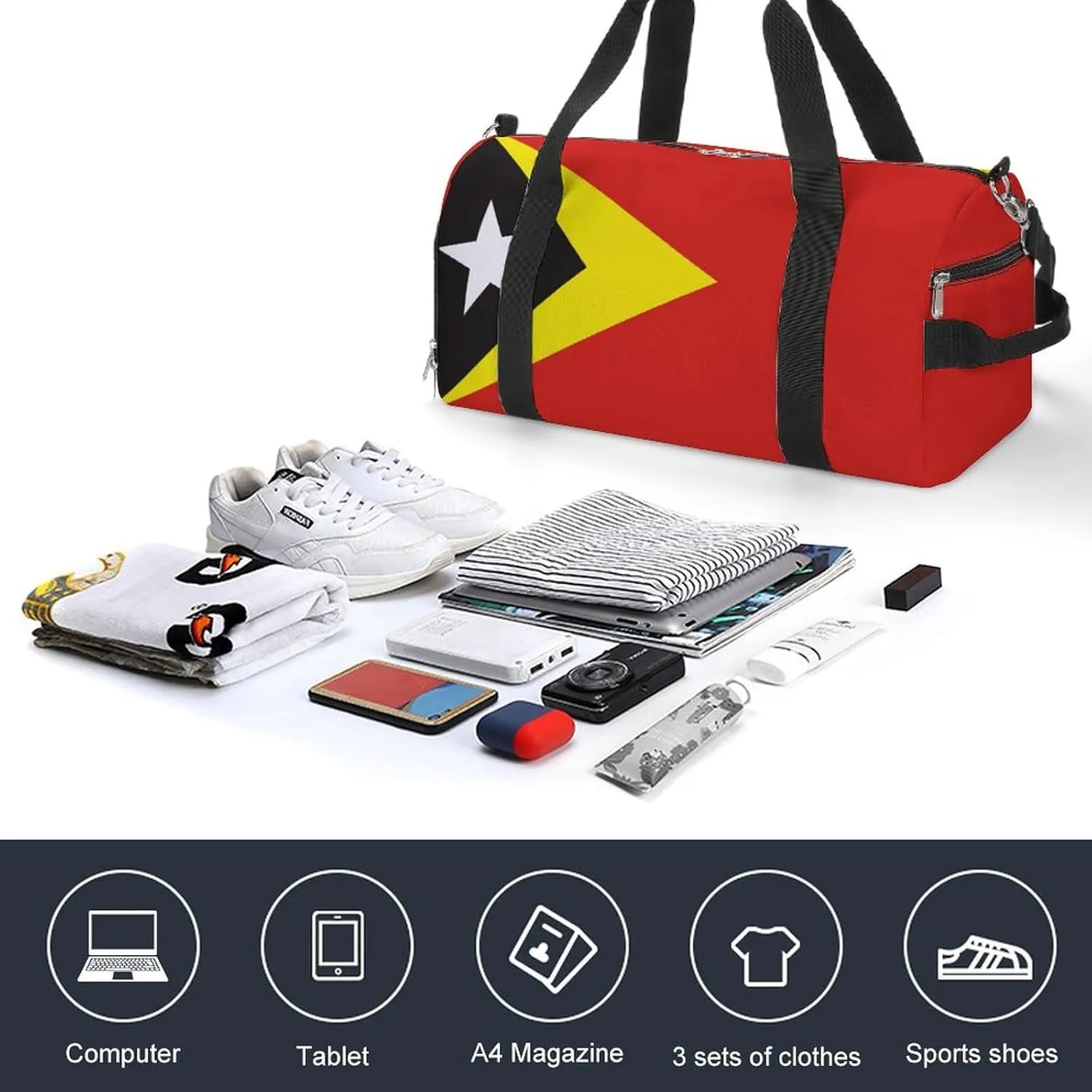 East Timor Flag Gym Bag with Shoe Compartment and Wet Pocket Travel Duffel for Sports