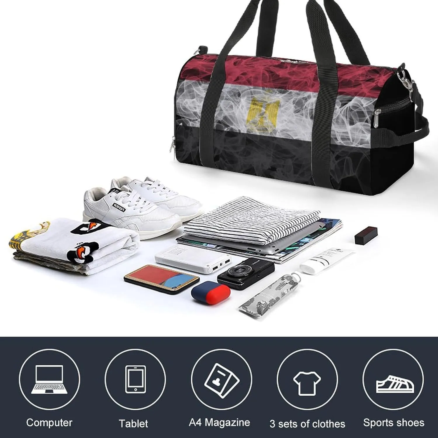 Egypt Flag Smoke Style Travel Duffel Bag with Shoe Compartment for Gym Yoga Beach Weekender