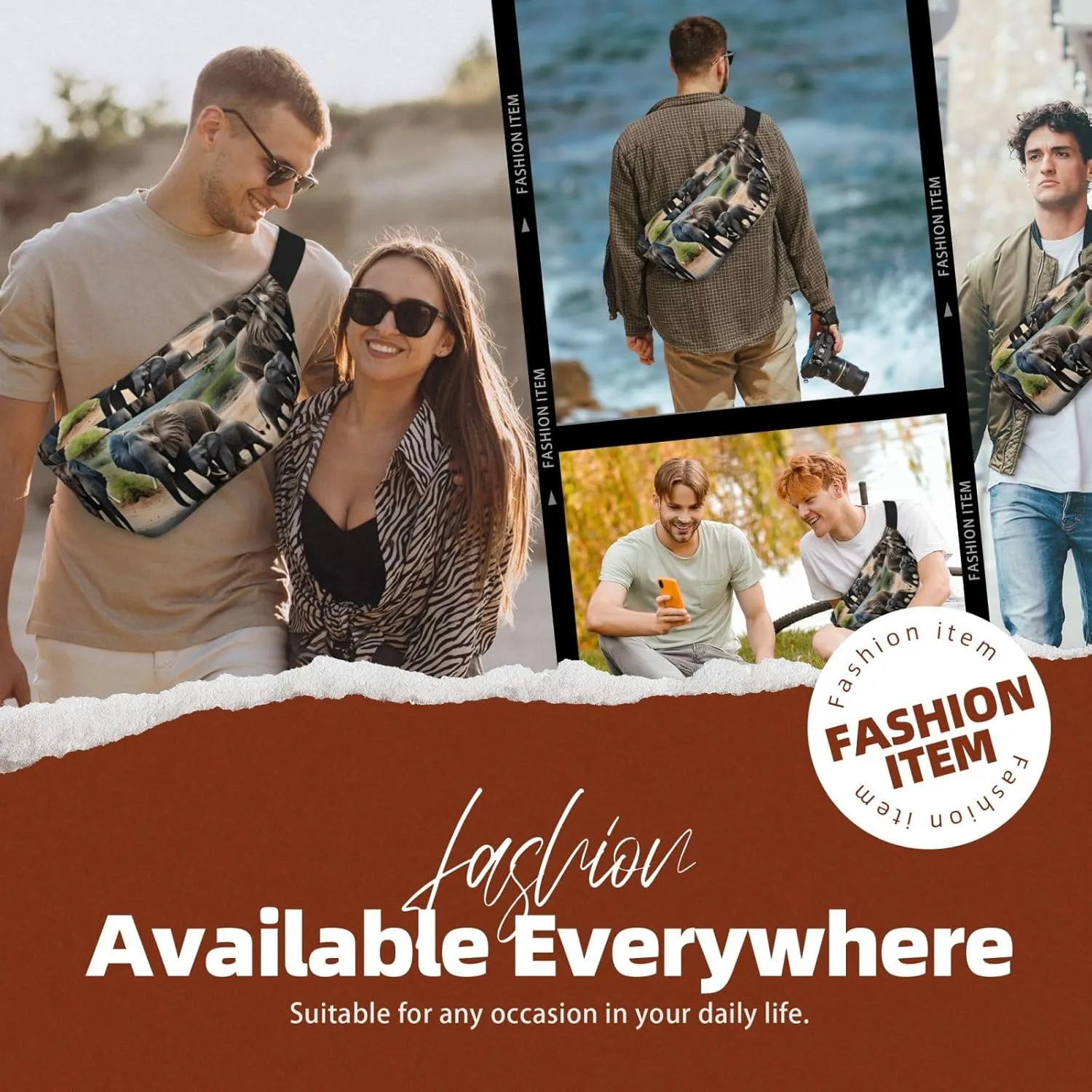 Elephant and Baby Elephant Fanny Pack Crossbody Sling Bag â€“ Zipper Pockets for Travel, Hiking, Cycling, Workouts, and Everyday Use