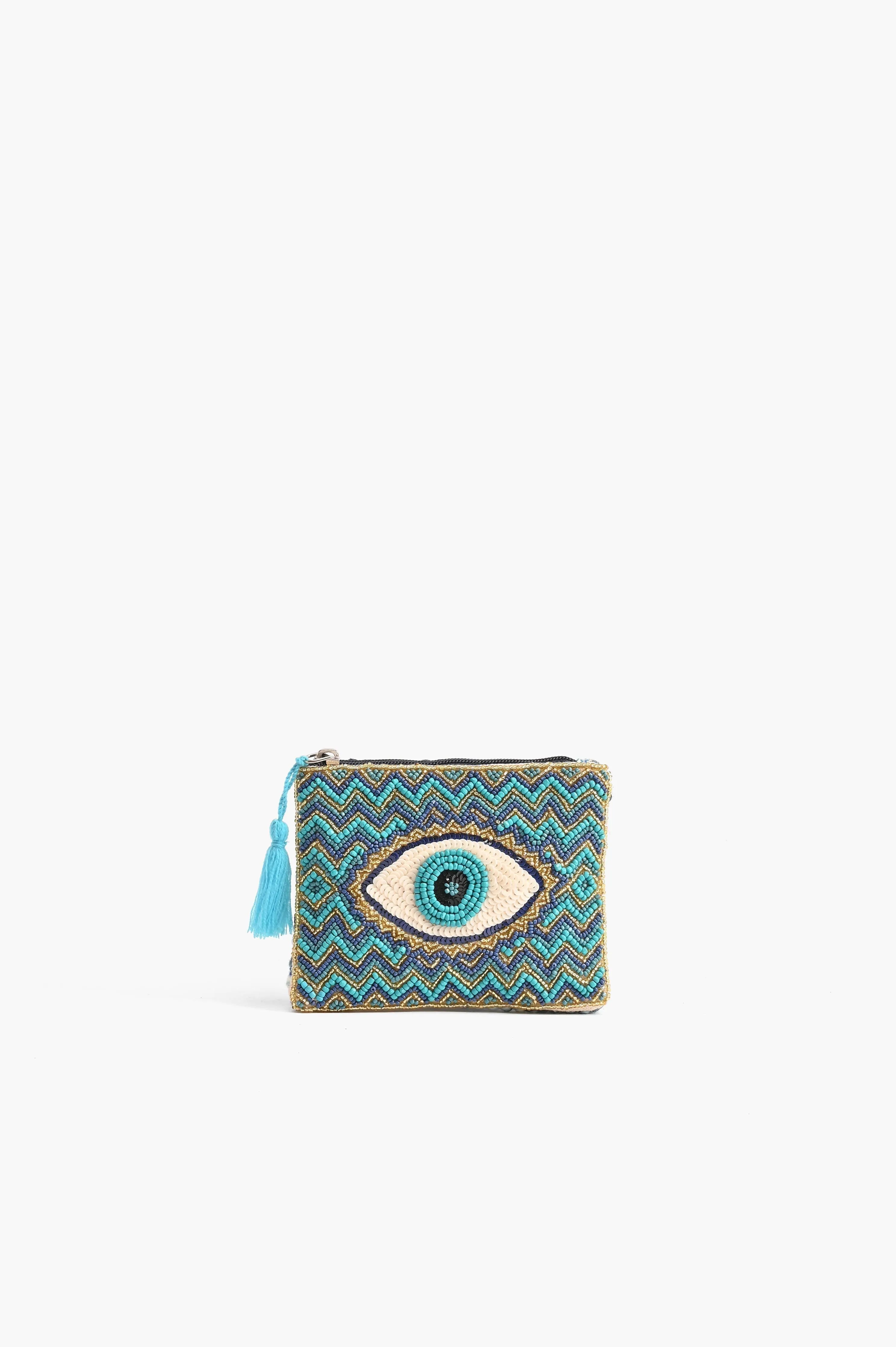 Embellished Evil Eye Coin Bag - Gold