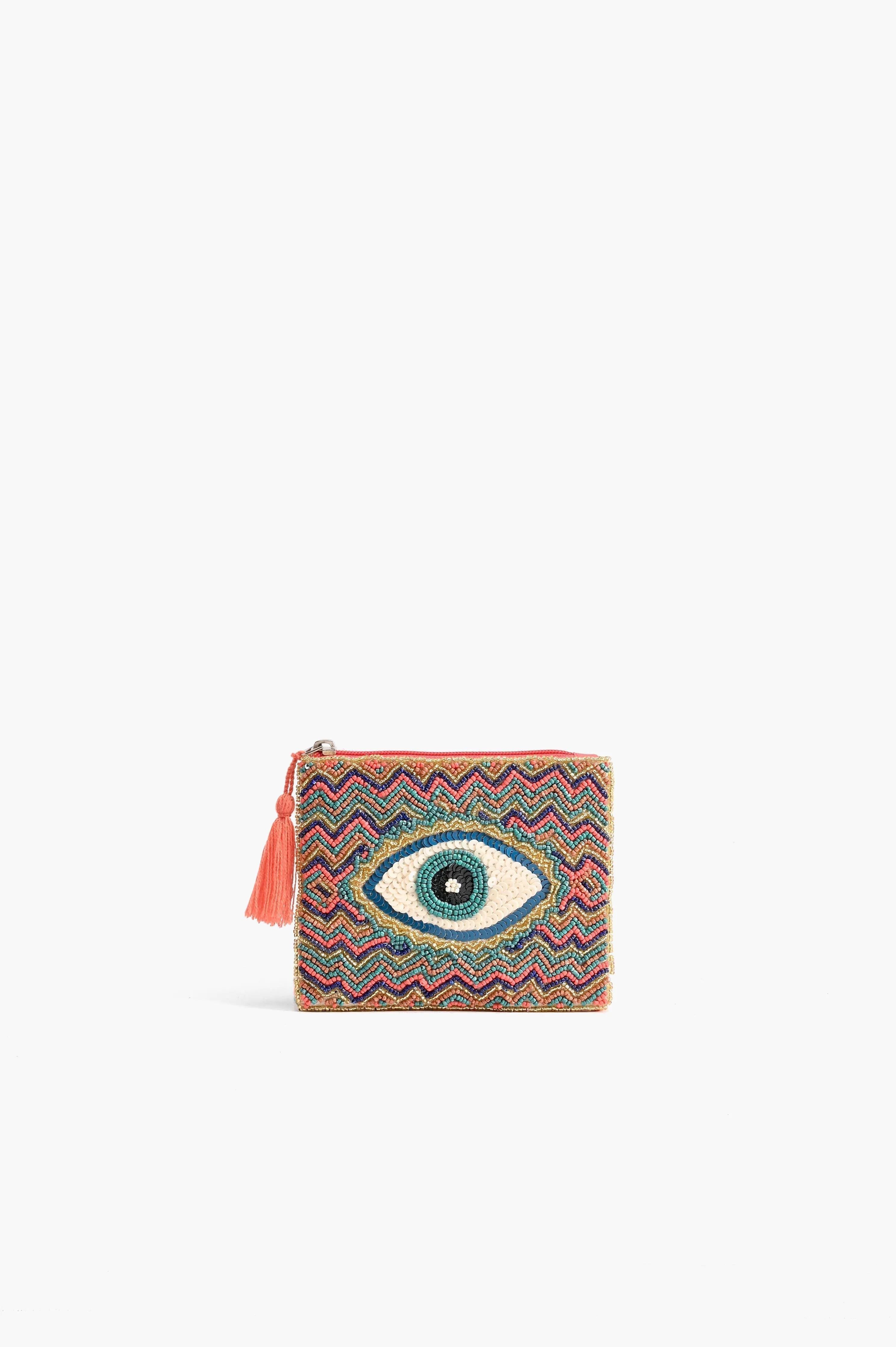 Embellished Evil Eye Coin Bag - Gold
