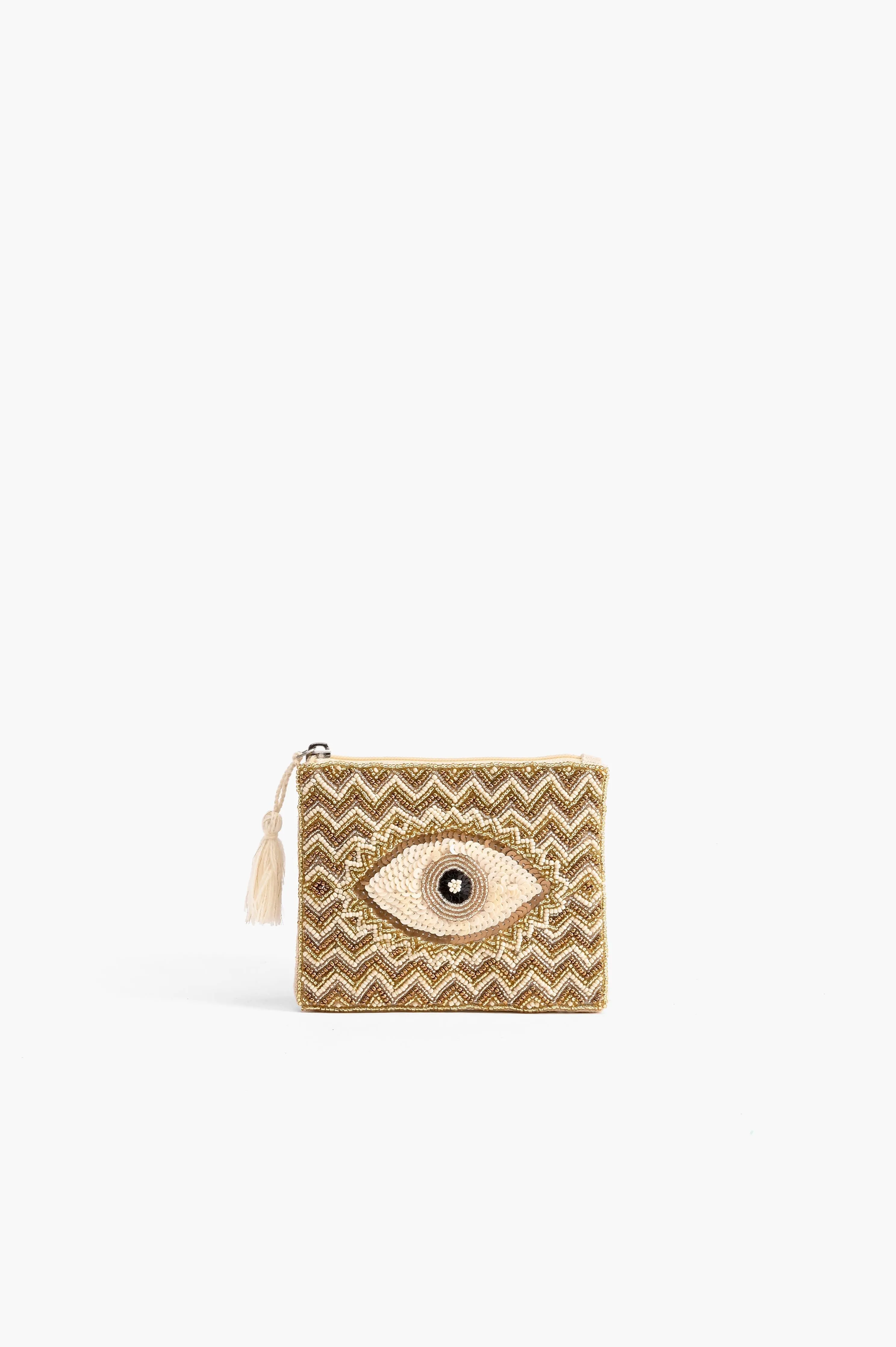 Embellished Evil Eye Coin Bag - Gold
