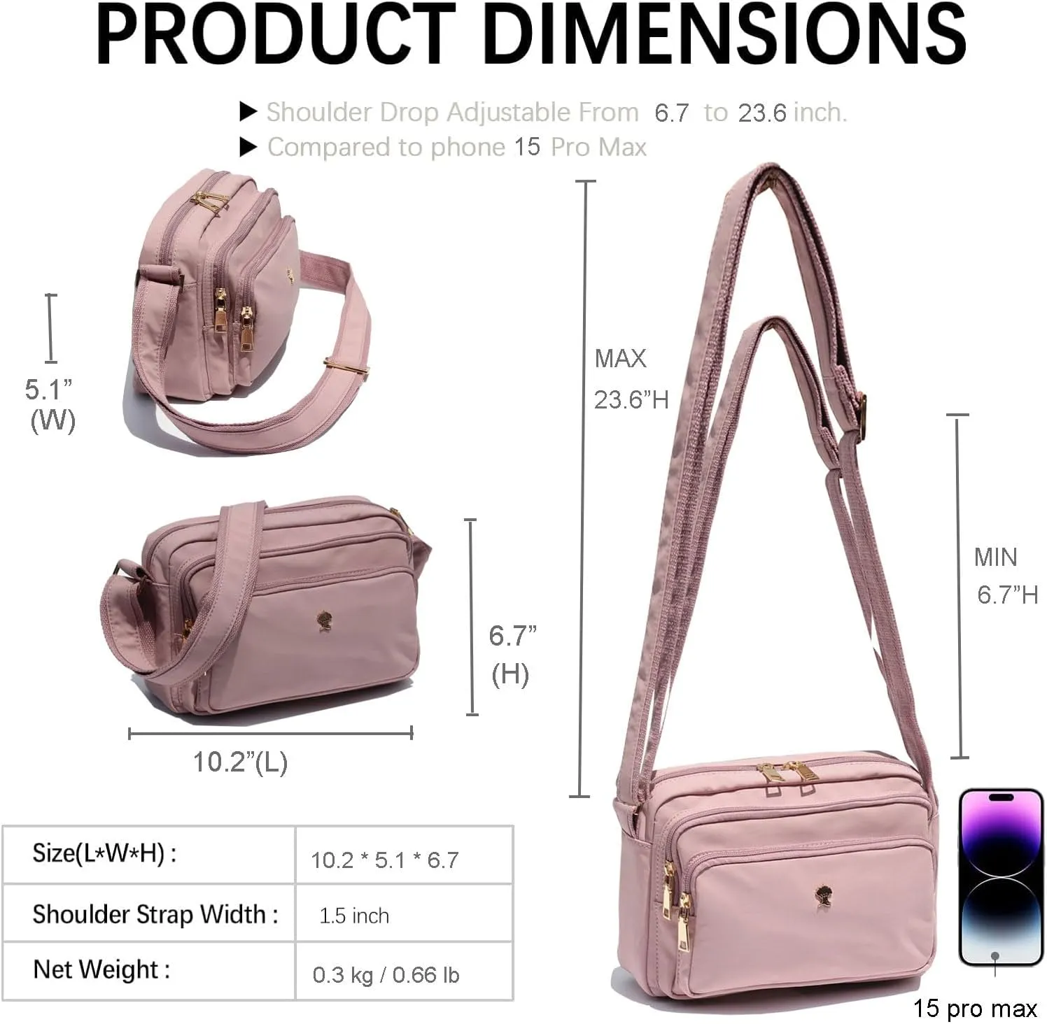 ESVAN Triple Zip Crossbody Bags for Women Fashion Ladies Purse Multi-Pocket Handbags Messenger Shoulder Bag