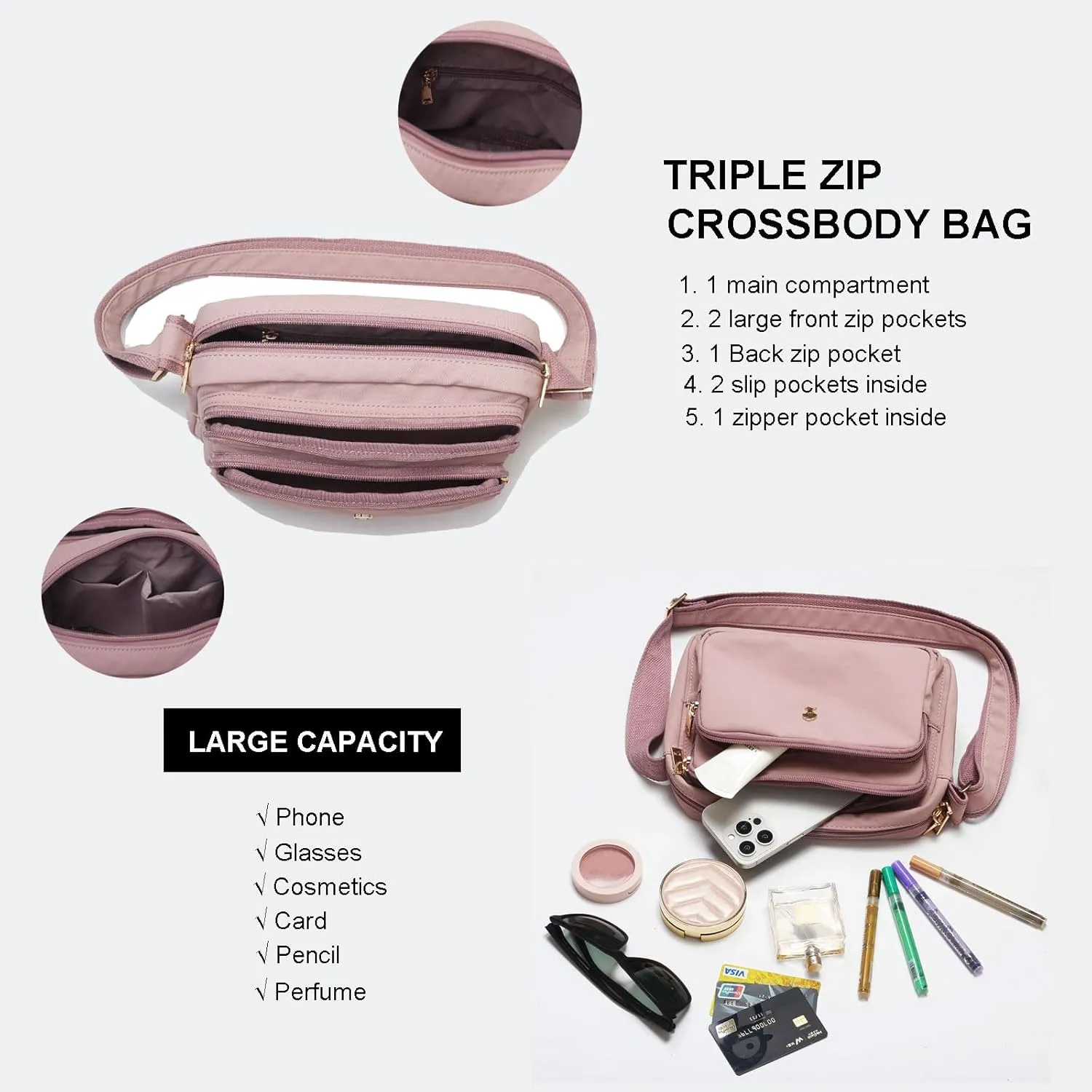 ESVAN Triple Zip Crossbody Bags for Women Fashion Ladies Purse Multi-Pocket Handbags Messenger Shoulder Bag