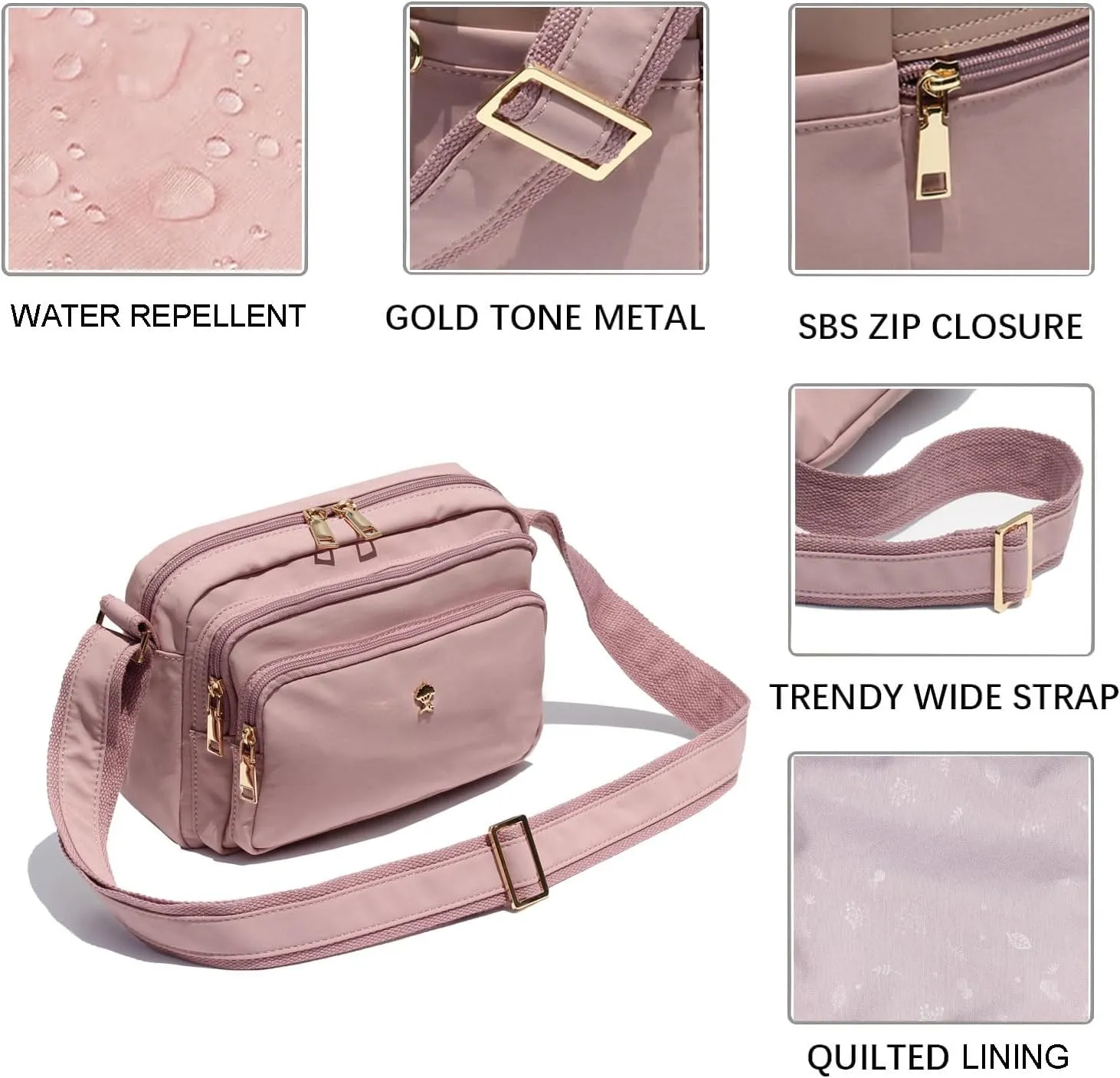 ESVAN Triple Zip Crossbody Bags for Women Fashion Ladies Purse Multi-Pocket Handbags Messenger Shoulder Bag
