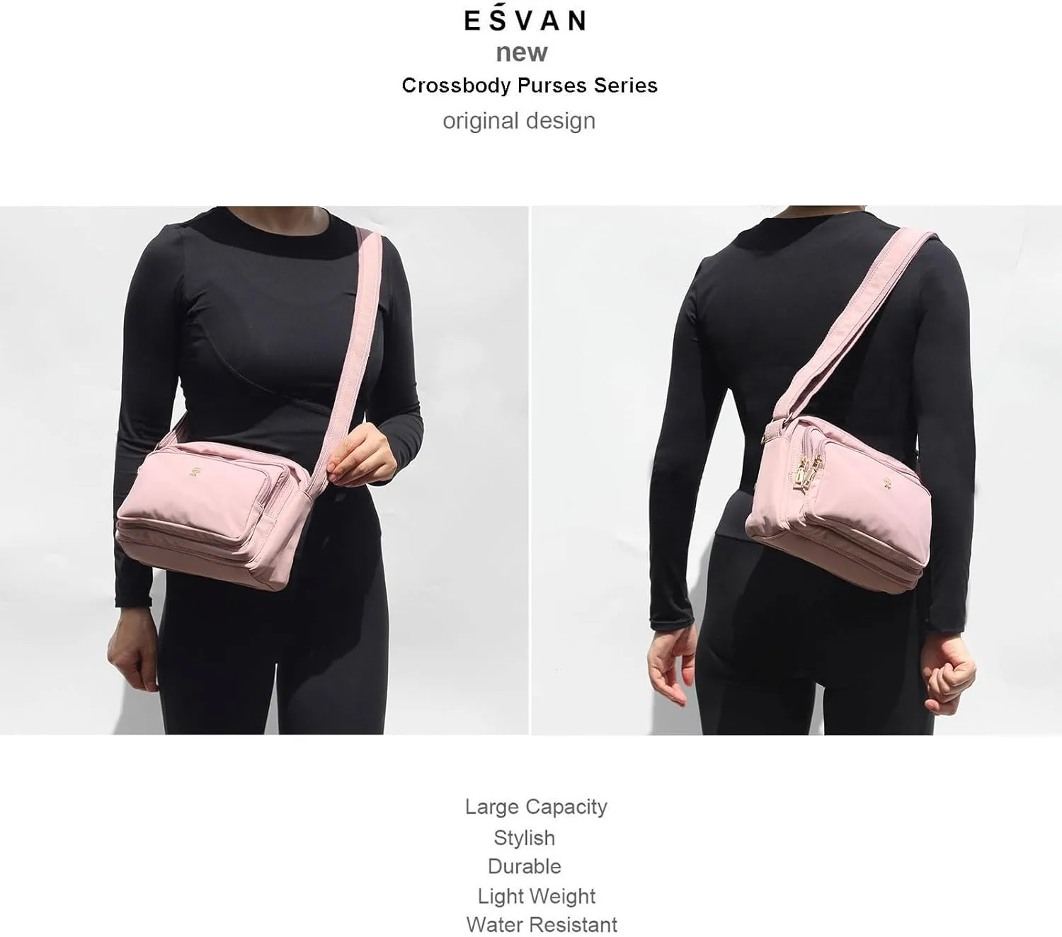ESVAN Triple Zip Crossbody Bags for Women Fashion Ladies Purse Multi-Pocket Handbags Messenger Shoulder Bag