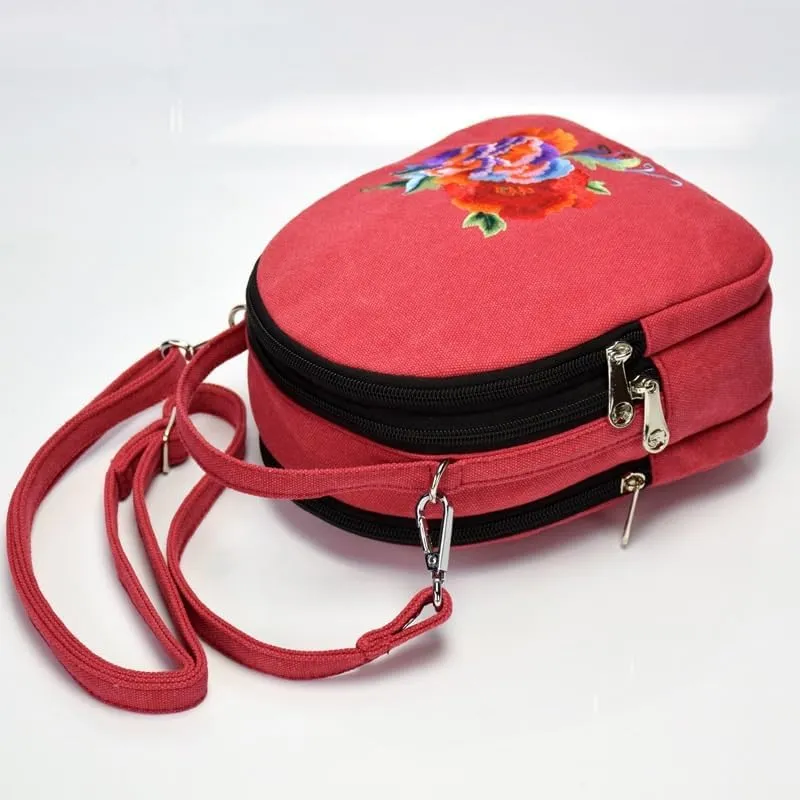 Ethnic Style Embroidered Canvas Crossbody Bag Portable Peony Small Handbag For Women