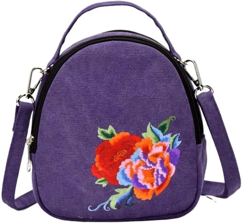 Ethnic Style Embroidered Canvas Crossbody Bag Portable Peony Small Handbag For Women