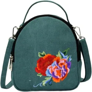 Ethnic Style Embroidered Canvas Crossbody Bag Portable Peony Small Handbag For Women