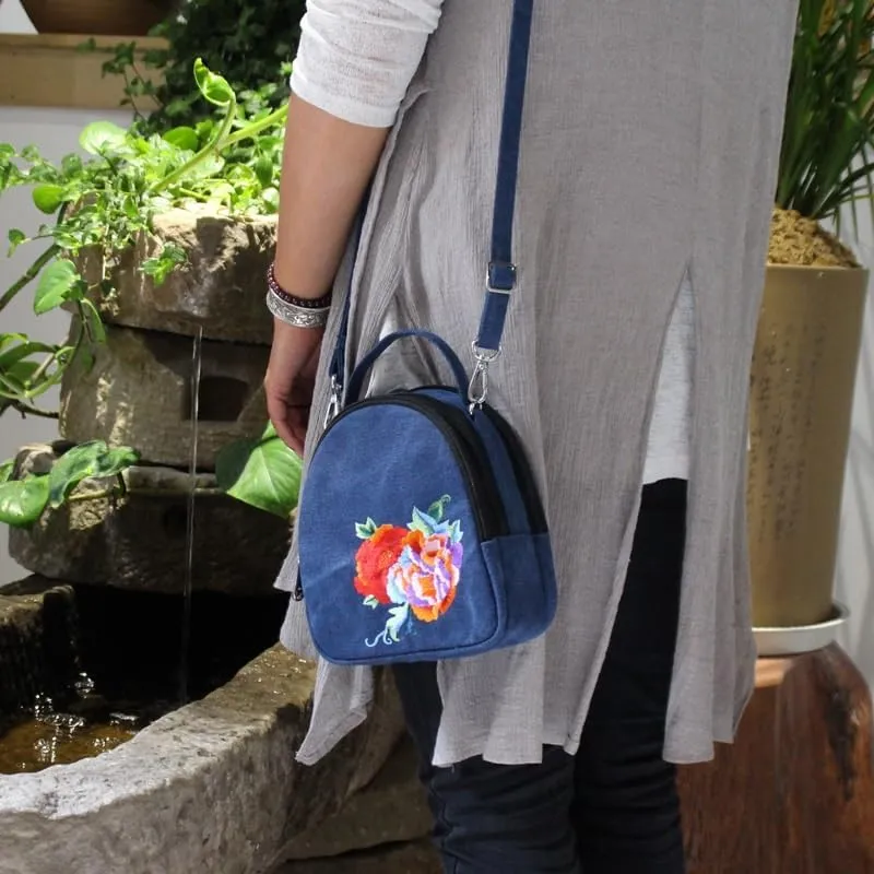 Ethnic Style Embroidered Canvas Crossbody Bag Portable Peony Small Handbag For Women