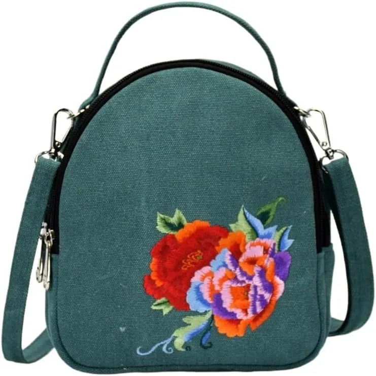 Ethnic Style Embroidered Canvas Crossbody Bag Portable Peony Small Handbag For Women