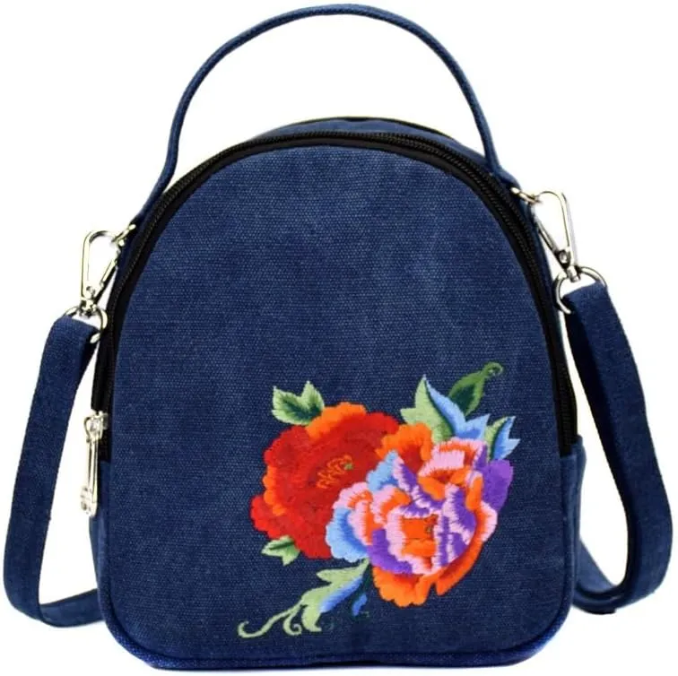 Ethnic Style Embroidered Canvas Crossbody Bag Portable Peony Small Handbag For Women
