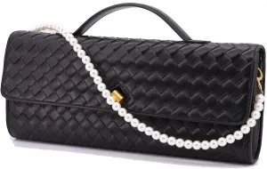 Evening Bag Woven Clutch Purses for Women Trendy Crossbody Purse with Pearl Chain for Prom Party Wedding