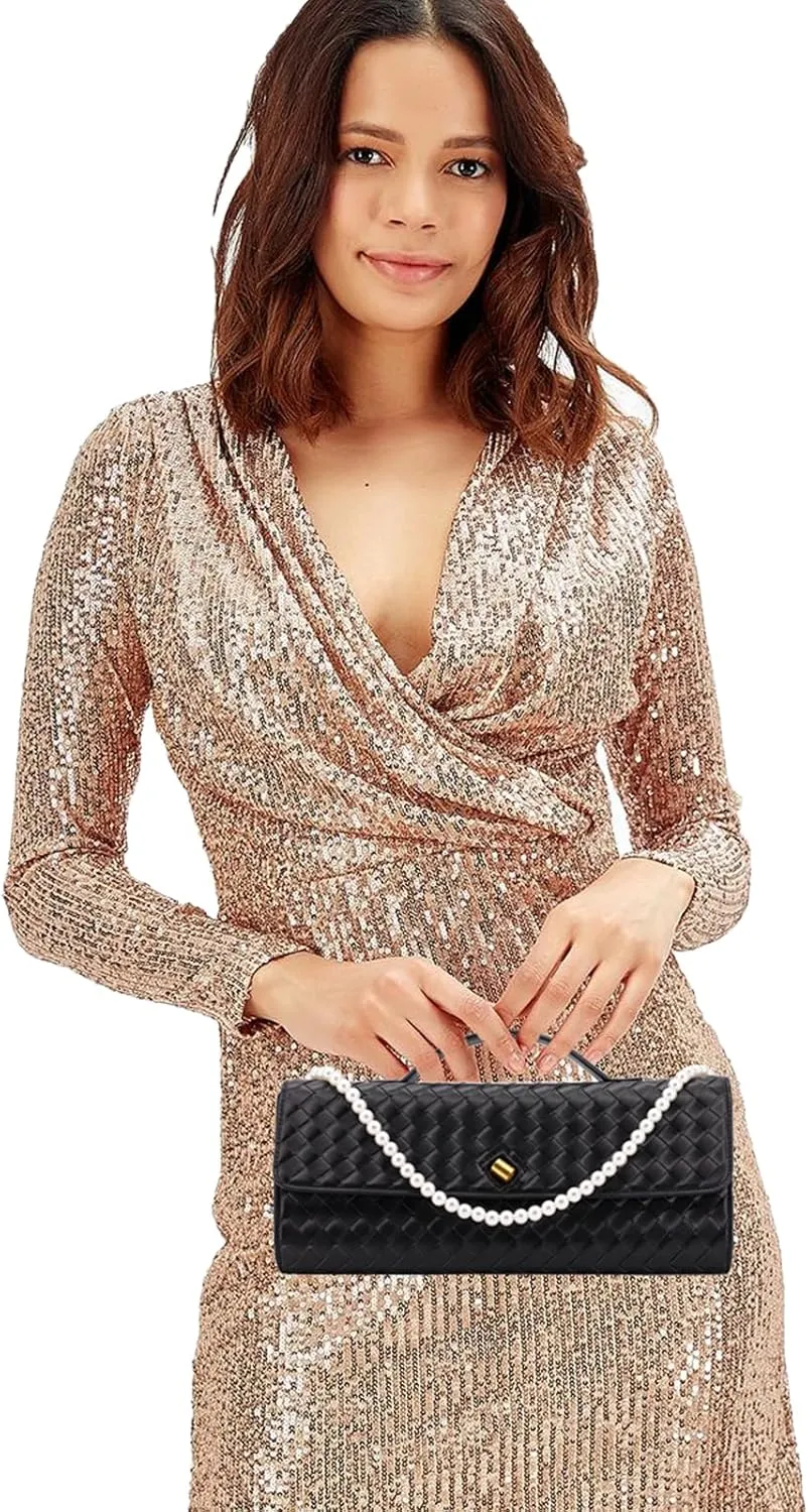 Evening Bag Woven Clutch Purses for Women Trendy Crossbody Purse with Pearl Chain for Prom Party Wedding