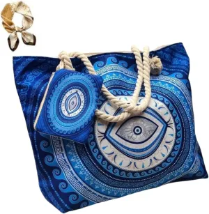 Evil Eye Beach Tote Bag,Handmade Canvas Shoulder Bag with Mini Pouch,Large Capacity Women's Underarm Satchel