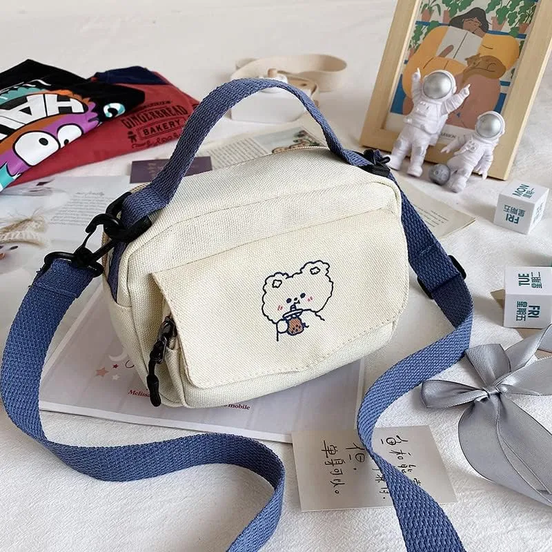 Fairycore Bear Print Crossbody Bag for Women Cutecore Lightweight Canvas Shoulder Bag Y2K Causal Travel Handbag
