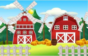 Farm Red Barn Backdrop Red Barn Windmill Haystack Pine Trees Farmhouse Photography Background Farm Animals Theme Backdrop Decors Farm Theme Birthday Party Cake Table Background Props 7x5ft