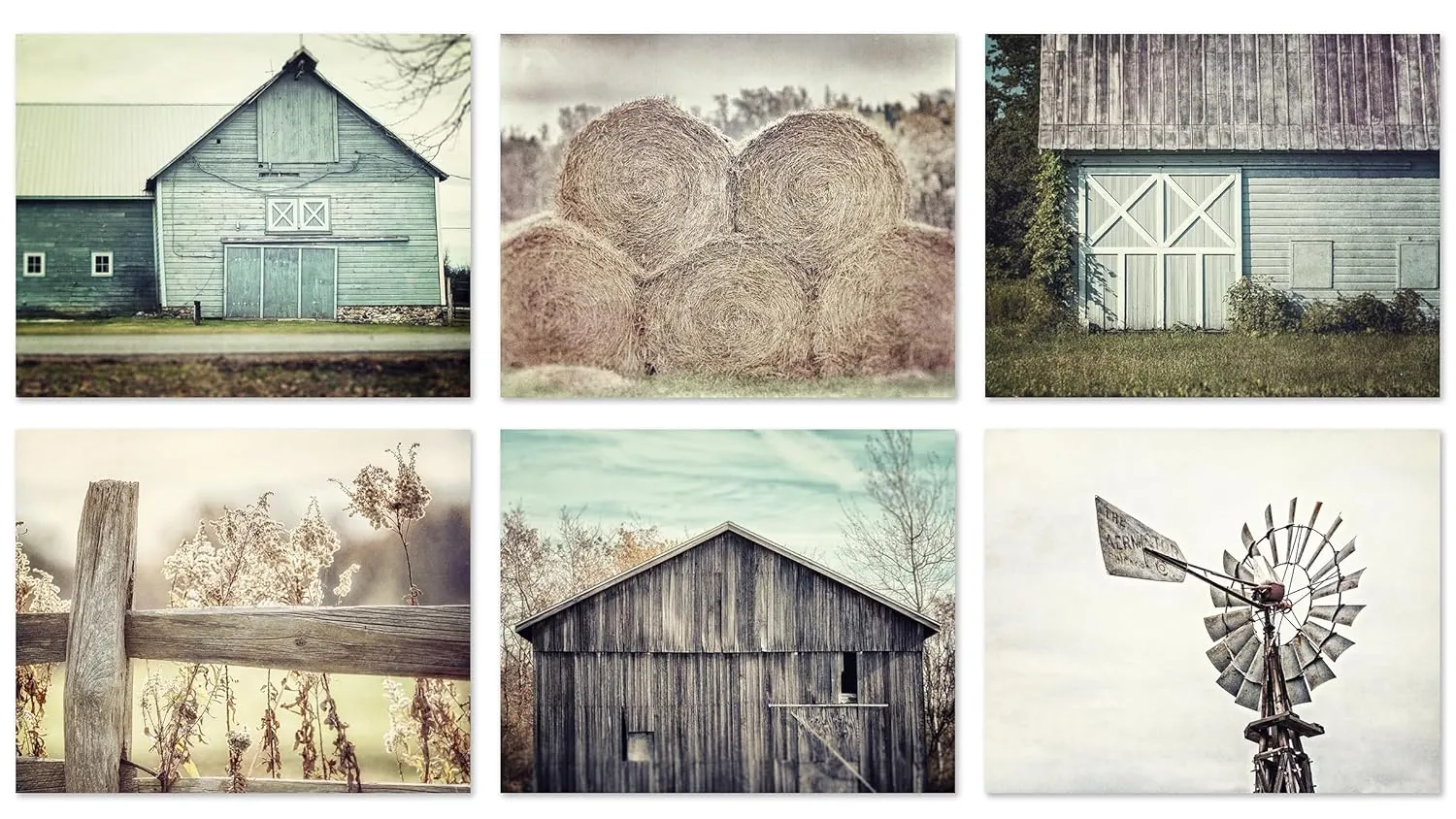 Farmhouse Wall Art Print Set - 8x10" Unframed Aqua Blue and Beige Barn Landscapes, Hay and Windmill - 6 Piece Set