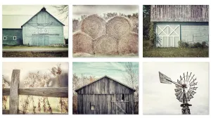Farmhouse Wall Art Print Set - 8x10" Unframed Aqua Blue and Beige Barn Landscapes, Hay and Windmill - 6 Piece Set