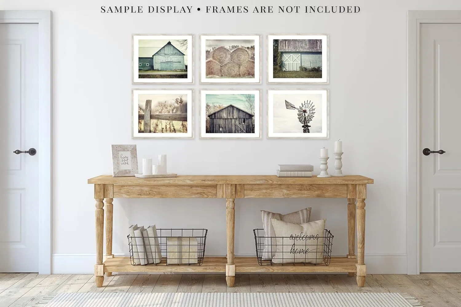 Farmhouse Wall Art Print Set - 8x10" Unframed Aqua Blue and Beige Barn Landscapes, Hay and Windmill - 6 Piece Set