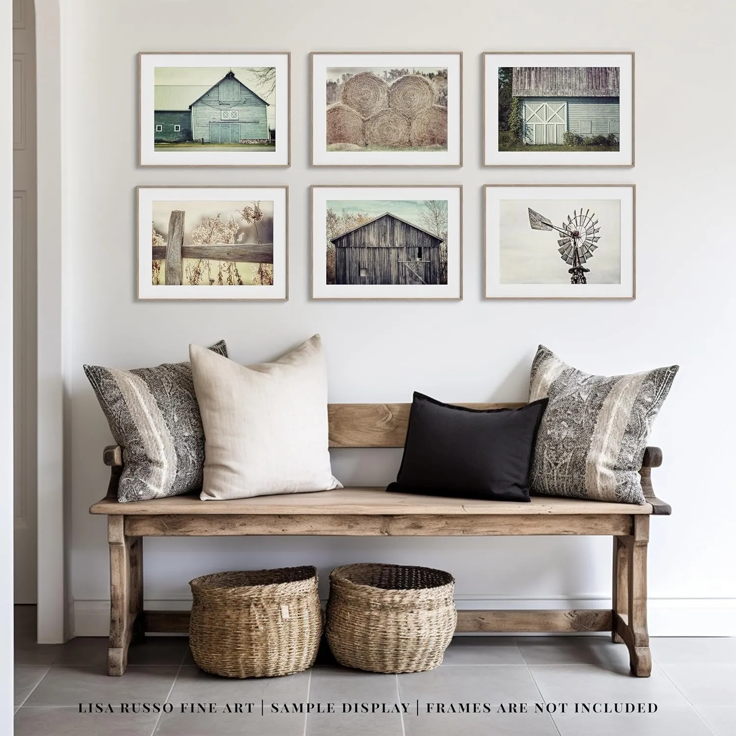 Farmhouse Wall Art Print Set - 8x10" Unframed Aqua Blue and Beige Barn Landscapes, Hay and Windmill - 6 Piece Set