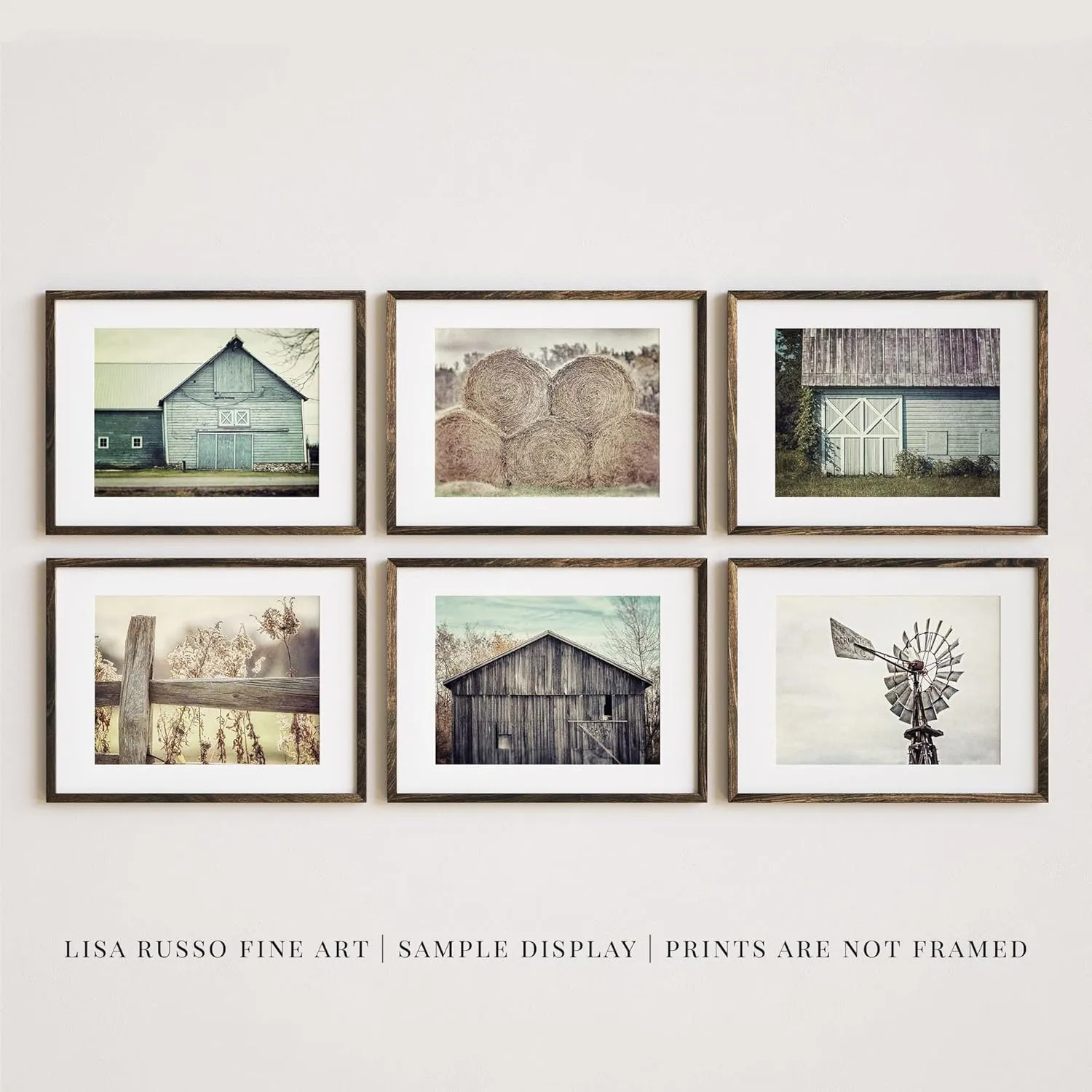 Farmhouse Wall Art Print Set - 8x10" Unframed Aqua Blue and Beige Barn Landscapes, Hay and Windmill - 6 Piece Set
