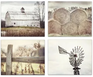 Farmhouse Wall Decor Set of 4 Country Rustic Landscape Photographs - Barn, Fence, Hay, Windmill - Set of 4 - Not Framed - Beige, Tan, White (4 SMALL 5x7 Prints)