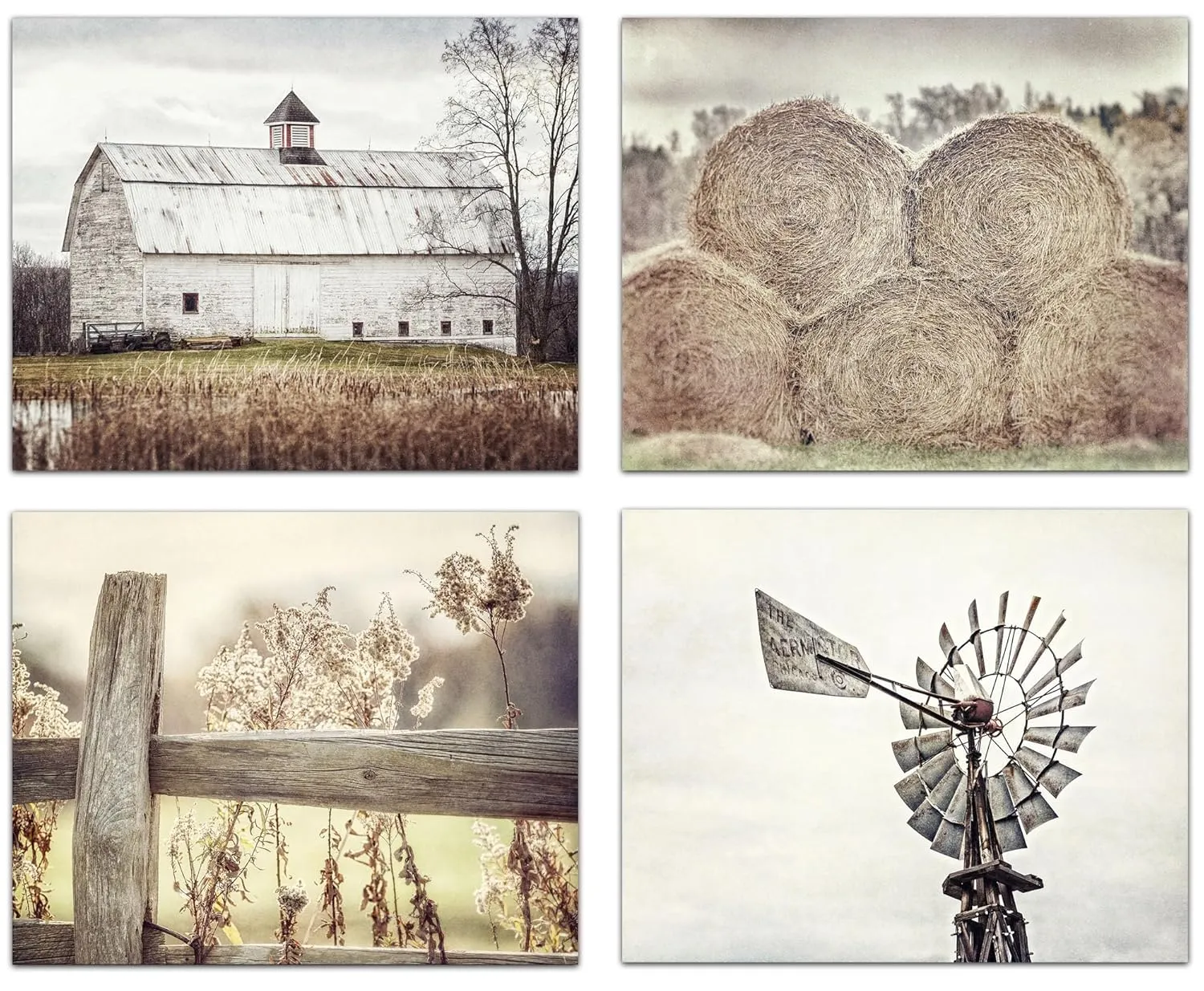Farmhouse Wall Decor Set of 4 Country Rustic Landscape Photographs - Barn, Fence, Hay, Windmill - Set of 4 - Not Framed - Beige, Tan, White (4 SMALL 5x7 Prints)