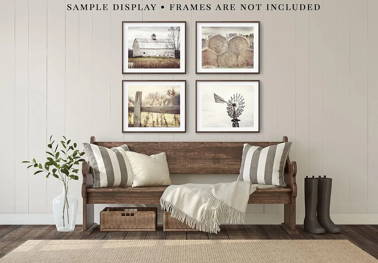 Farmhouse Wall Decor Set of 4 Country Rustic Landscape Photographs - Barn, Fence, Hay, Windmill - Set of 4 - Not Framed - Beige, Tan, White (4 SMALL 5x7 Prints)