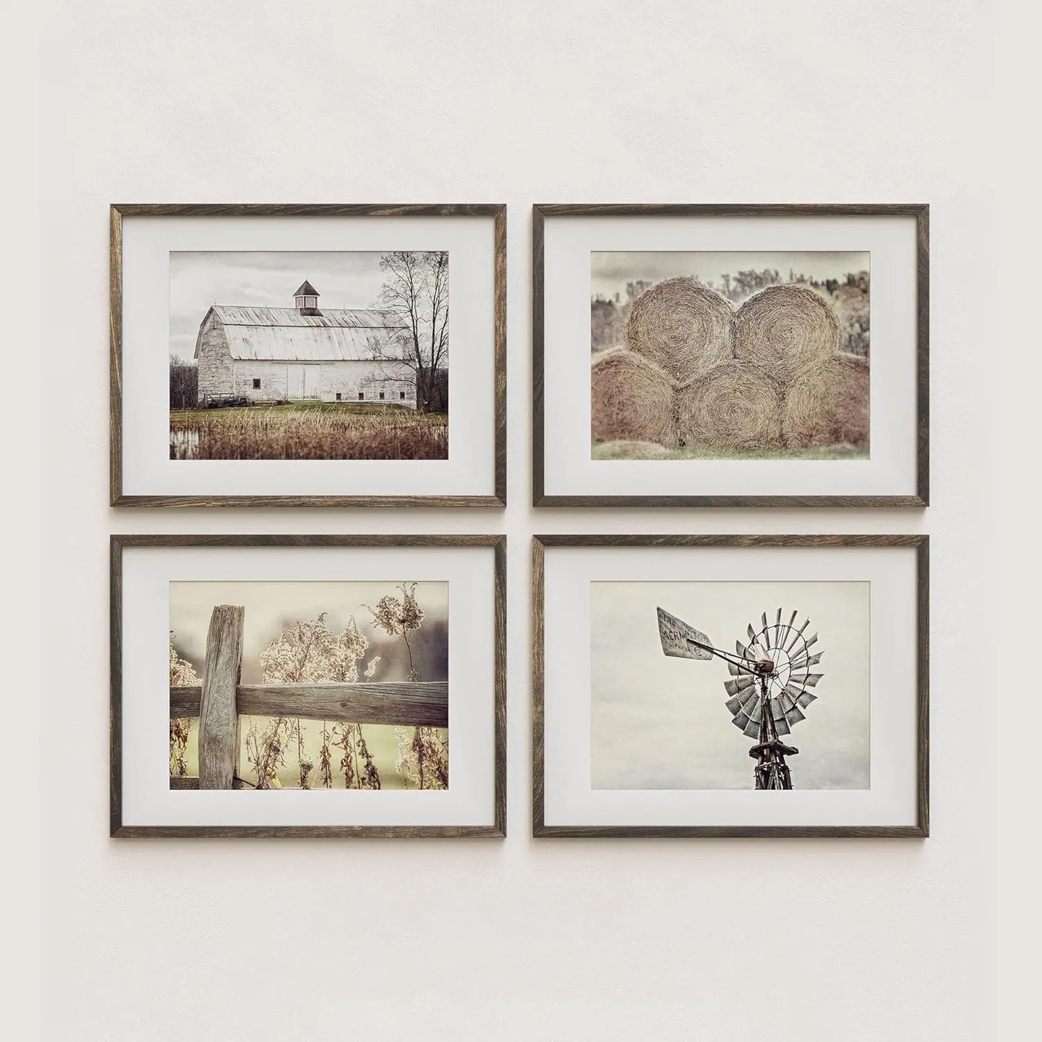 Farmhouse Wall Decor Set of 4 Country Rustic Landscape Photographs - Barn, Fence, Hay, Windmill - Set of 4 - Not Framed - Beige, Tan, White (4 SMALL 5x7 Prints)