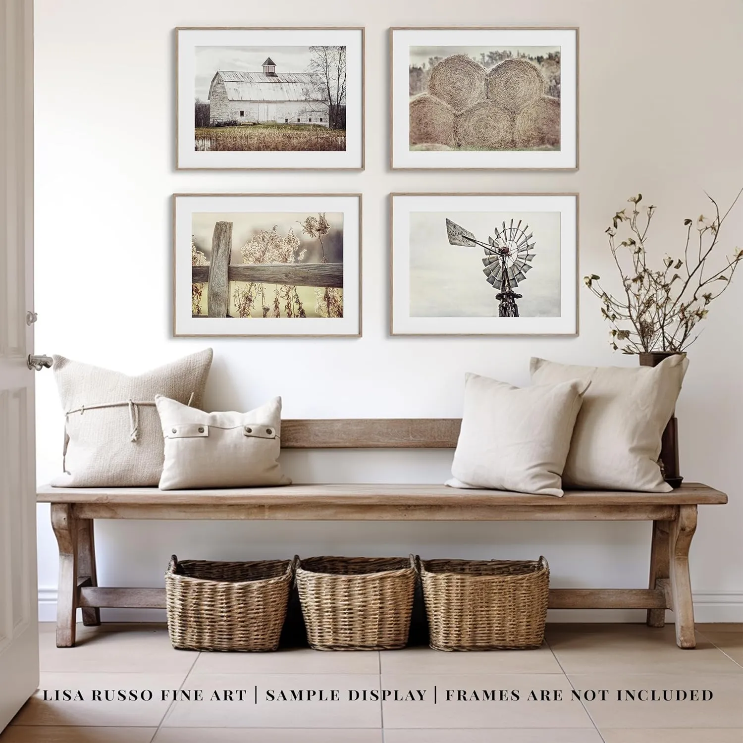 Farmhouse Wall Decor Set of 4 Country Rustic Landscape Photographs - Barn, Fence, Hay, Windmill - Set of 4 - Not Framed - Beige, Tan, White (4 SMALL 5x7 Prints)