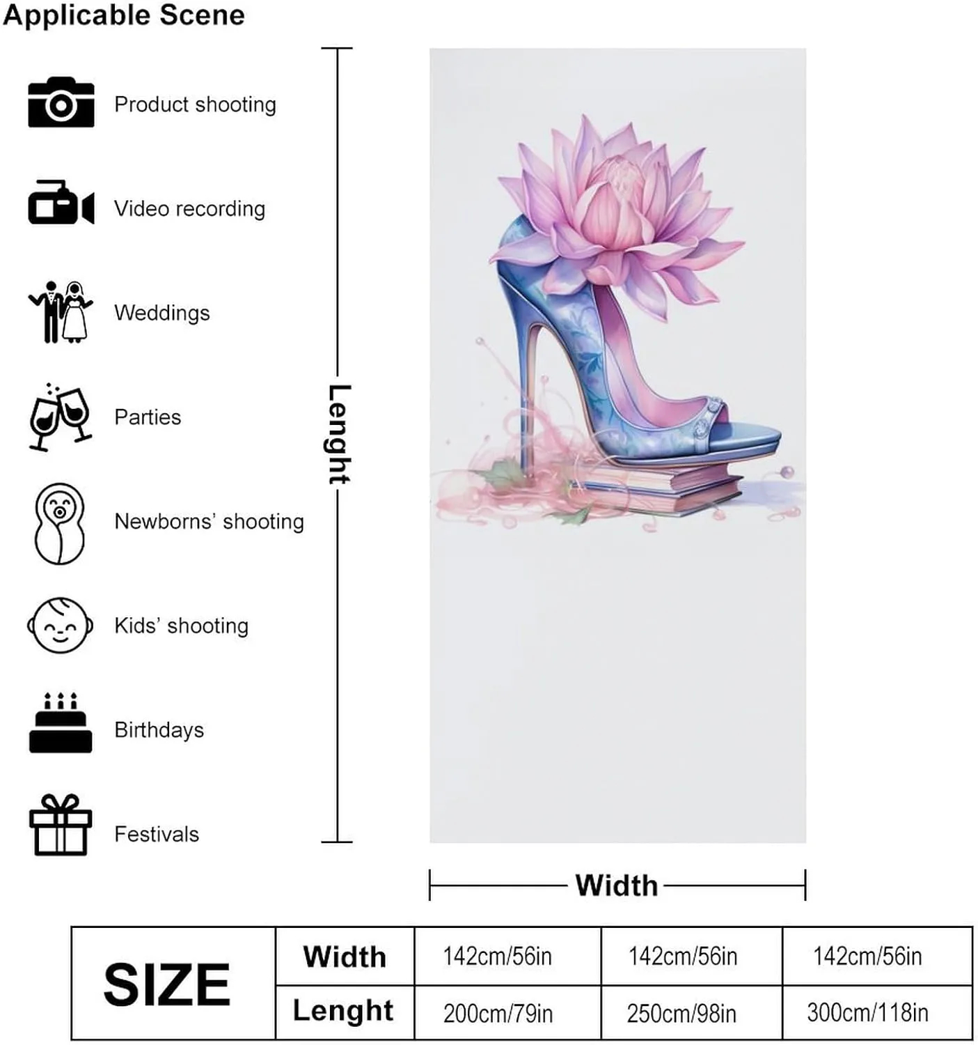 Fashion High Heels Flower Photography Cloth Photo Backdrop Curtains Photoshoot Background Screen for Wedding Party Studio 56"x118"