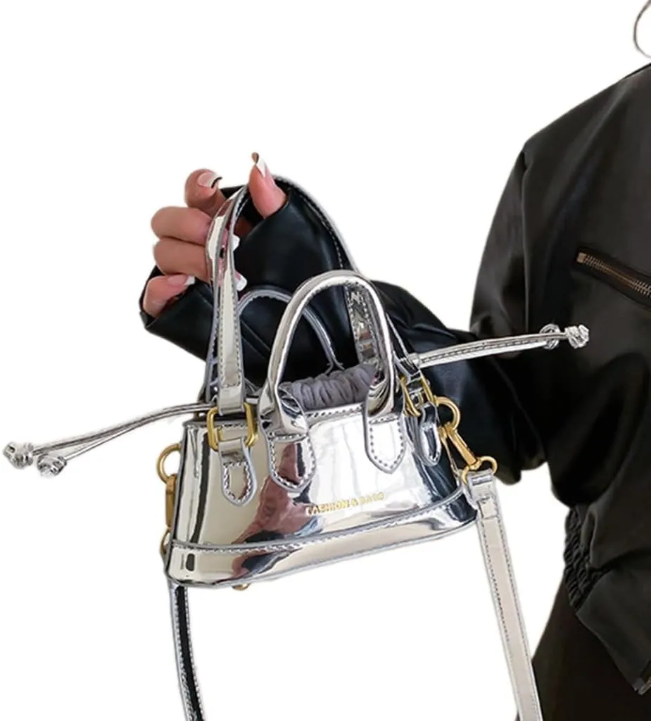 Fashion Mini Shoulder Bag Handbag Patent Leather Crossbody Bag Small Clutch Purse Drawstring Closure Crossbody Purse