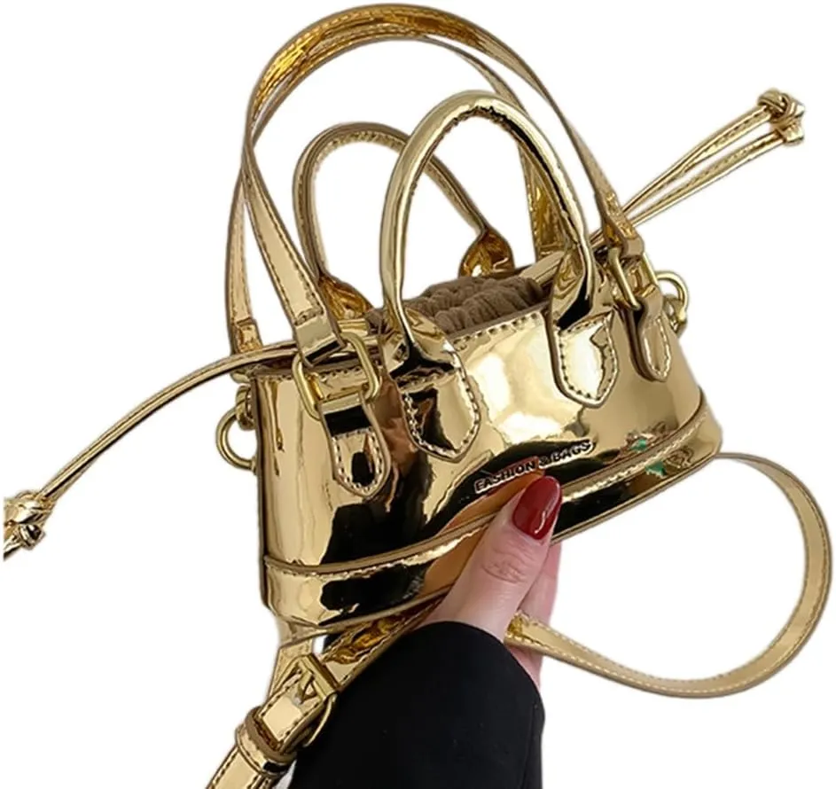 Fashion Mini Shoulder Bag Handbag Patent Leather Crossbody Bag Small Clutch Purse Drawstring Closure Crossbody Purse