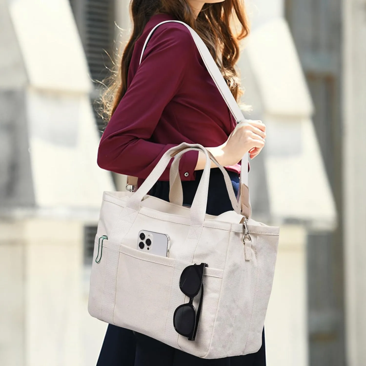 Fibrdoo Canvas Tote Bag for Women - Everything Bag with Zipper, Crossbody Handbag with Compartments for Work