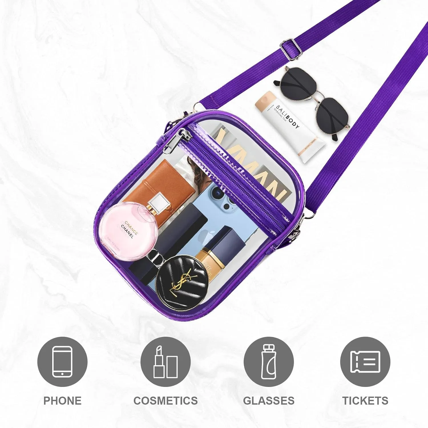 Fibrdoo Clear Crossbody Purse Bag, Clear Bag Stadium Approved with Front Pocket for Concerts Sports Festivals