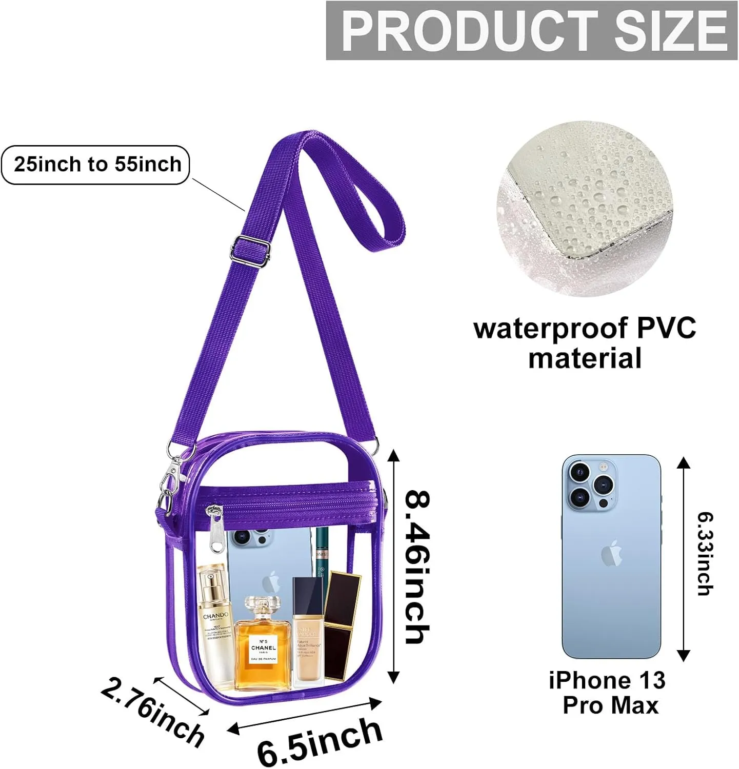 Fibrdoo Clear Crossbody Purse Bag, Clear Bag Stadium Approved with Front Pocket for Concerts Sports Festivals
