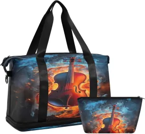 Flaming Violin Duffel Bag Lightweight Carry On Gym Bags for Travel and Weekends, Versatile Overnight Bag with Shoe Compartment