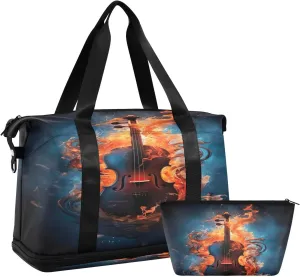 Flaming Violin Duffel Bag Lightweight Carry On Gym Bags for Travel and Weekends, Versatile Overnight Bag with Shoe Compartment