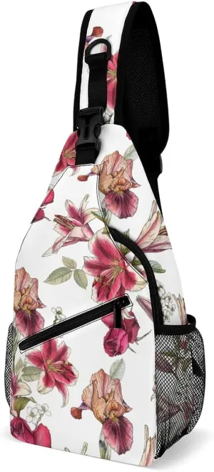 Floral Lilies Tulips Sling Backpack Terrestrial Plant Crossbody Chest Bag with Anti Theft,Multipurpose Travel Hiking Daypack for Men Women
