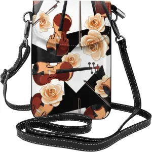 Flowers And Violin Women Leather Crossbody Bag Small Cell Phone Purse Card Holder Wallet