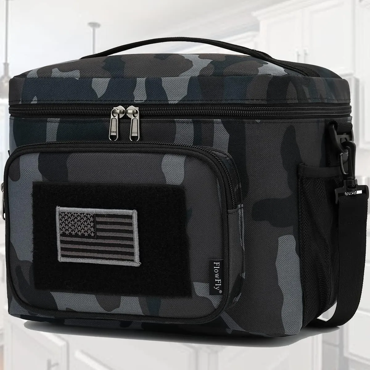 FlowFly Lunch Bag, Insulated Cooler, Thermal Lunch Box Tote with MOLLE/PALS Webbing, Adjustable Padded Shoulder Strap, for Tactical Men Women Adults and Boys Girls Kids (Black#Camo, Large)