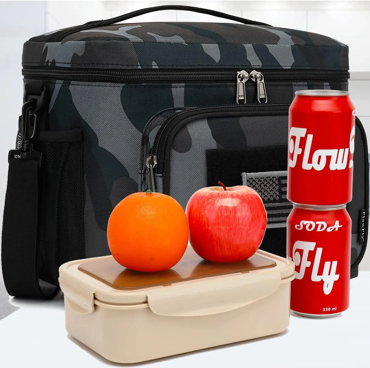 FlowFly Lunch Bag, Insulated Cooler, Thermal Lunch Box Tote with MOLLE/PALS Webbing, Adjustable Padded Shoulder Strap, for Tactical Men Women Adults and Boys Girls Kids (Black#Camo, Large)