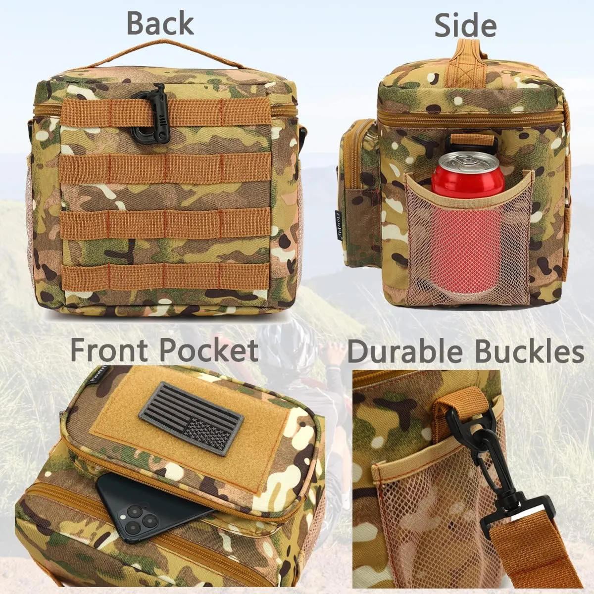 FlowFly Lunch Bag, Insulated Cooler, Thermal Lunch Box Tote with MOLLE/PALS Webbing, Adjustable Padded Shoulder Strap, for Tactical Men Women Adults and Boys Girls Kids (Multicam, Medium)