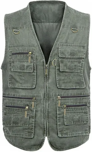 Flygo Men's Fishing Multi Pockets Plus Size Photography Outdoor Climbing Causual Tactical Multi Use Vest (Army Green, Medium)