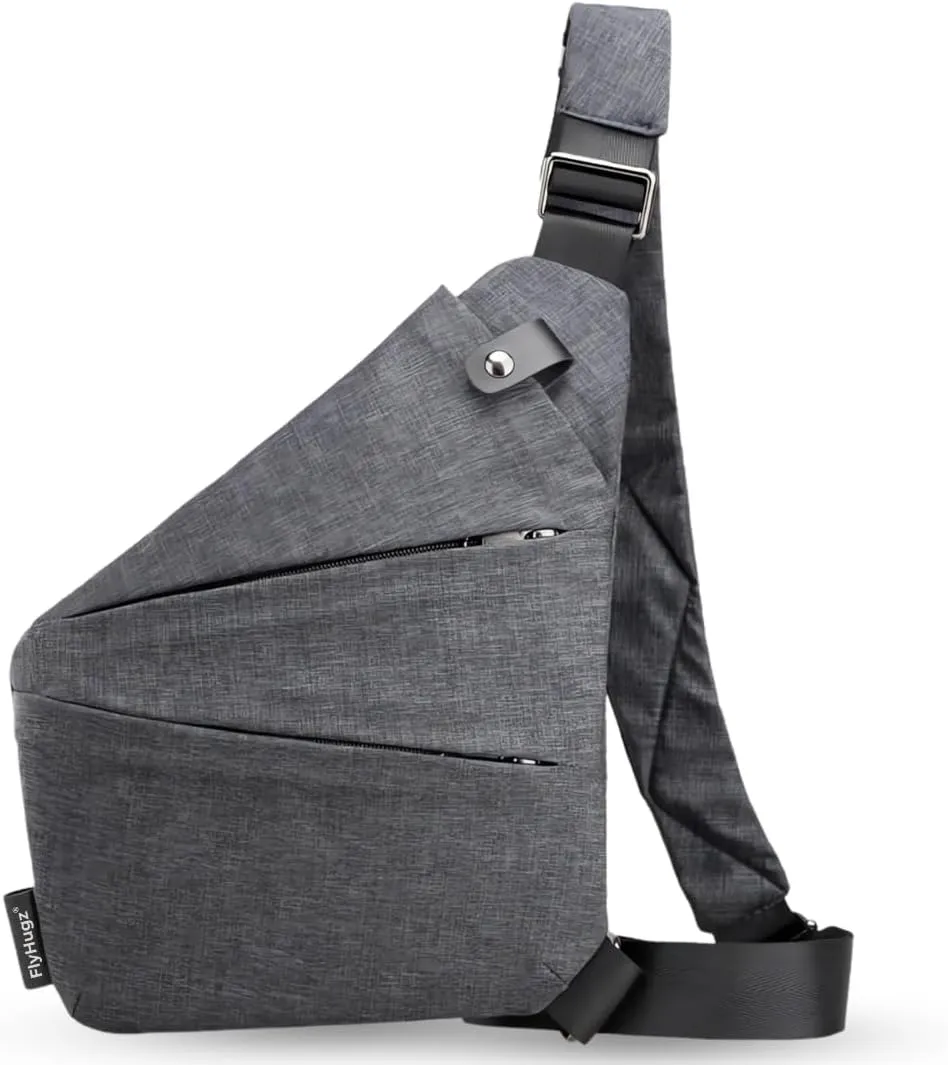 FlyHugz Anti-Theft Crossbody Sling Bag for Travel - Gray Canvas, Multi-Pocket Design for Men & Women, Water-Resistant