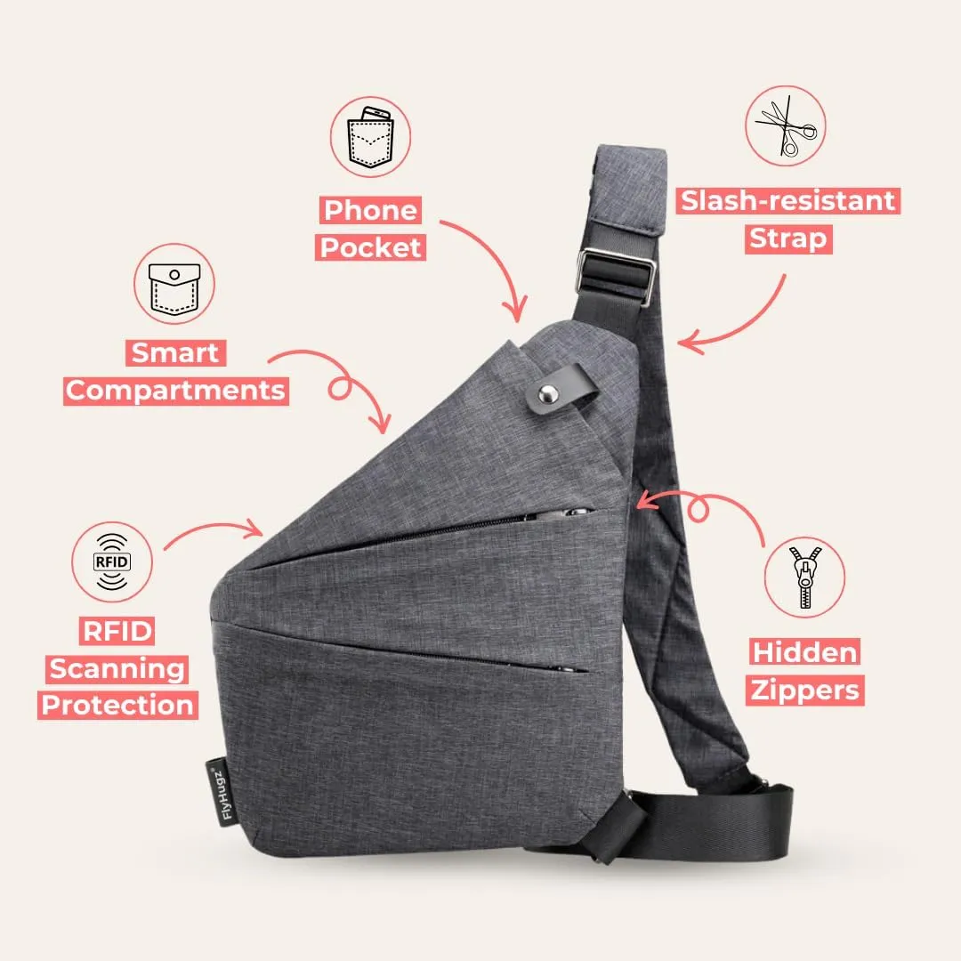 FlyHugz Anti-Theft Crossbody Sling Bag for Travel - Gray Canvas, Multi-Pocket Design for Men & Women, Water-Resistant