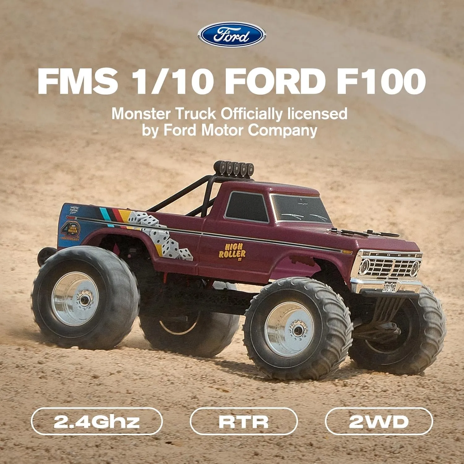 FMS 1/10 Ford F-100 RC Monster Truck, RC Crawler RTR 2WD Off-Road Truck with Wheelie Bar, High-Torque Motor, Hobby Grade Remote Control Car for Adults, High Roller