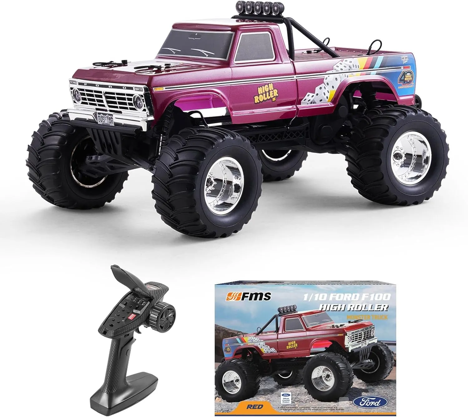 FMS 1/10 Ford F-100 RC Monster Truck, RC Crawler RTR 2WD Off-Road Truck with Wheelie Bar, High-Torque Motor, Hobby Grade Remote Control Car for Adults, High Roller
